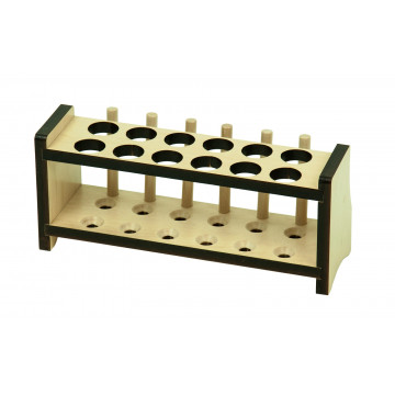 Test tube rack, wood, for 12 Test tubes Hole-Dia  22 mm, with 6 dropping sticks